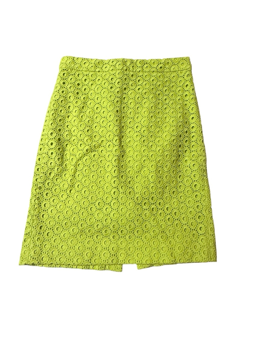 J Crew Chartreuse Lime Green Eyelet No 2 Pencil Skirt SZ 2 lined embroidered